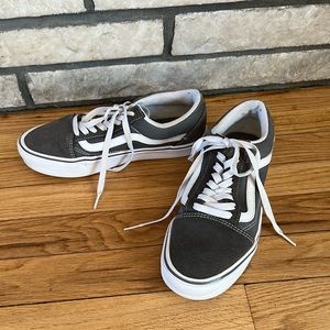 Unisex gray Vans with suede trim.